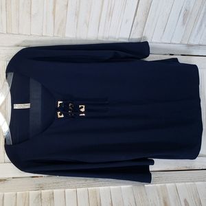 PerSeption Concept Navy Blue 3/4 Sleeve with Tie Scoop Neckline Top